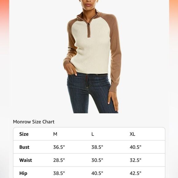 Nwt womens Monrow color block Reglan half zip sweater size xl cream and‎ brown - Picture 3 of 13